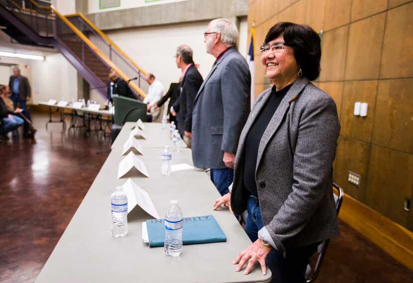 Gubernatorial candidate Lupe Valdez, right, and other candidates are introduced before a...