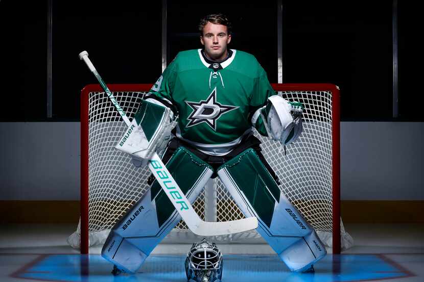Dallas Stars goalie Jake Oettinger is photographed during media day at the Comerica Center...