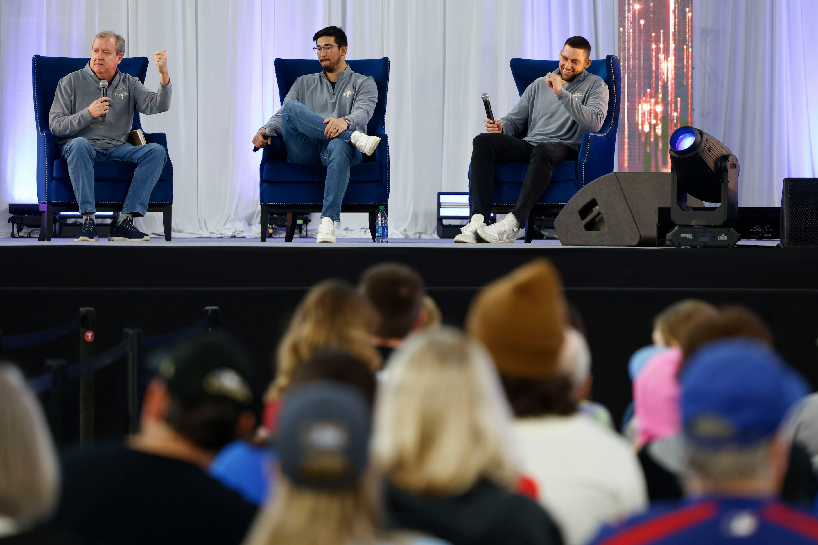 From left, radio broadcaster Matt Hicks, Texas Rangers’ pitchers Nathan Eovaldi and dane...