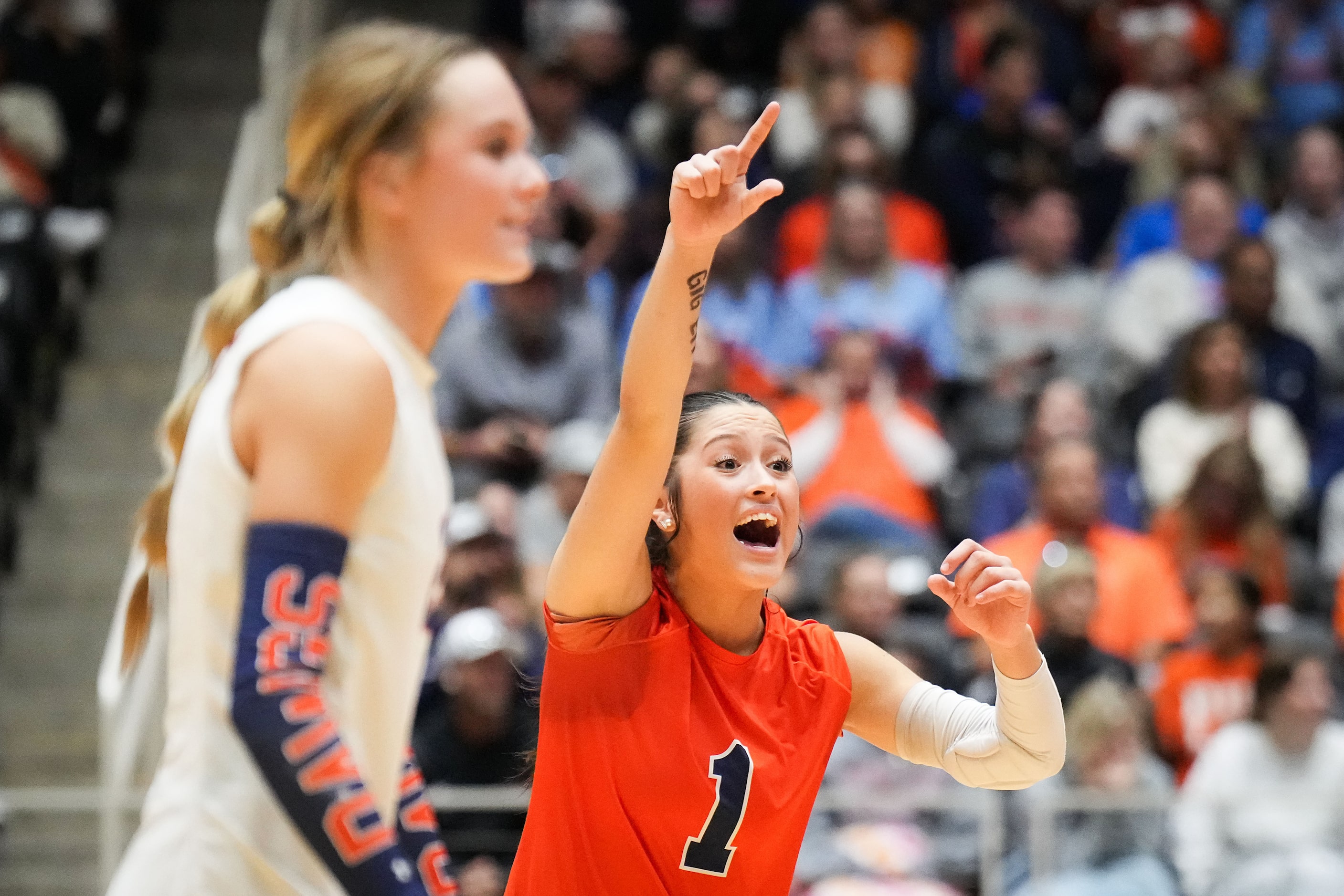 McKinney North's Gabi Rodriguez (1) celebrates a point during the UIL Class 5A Division I...