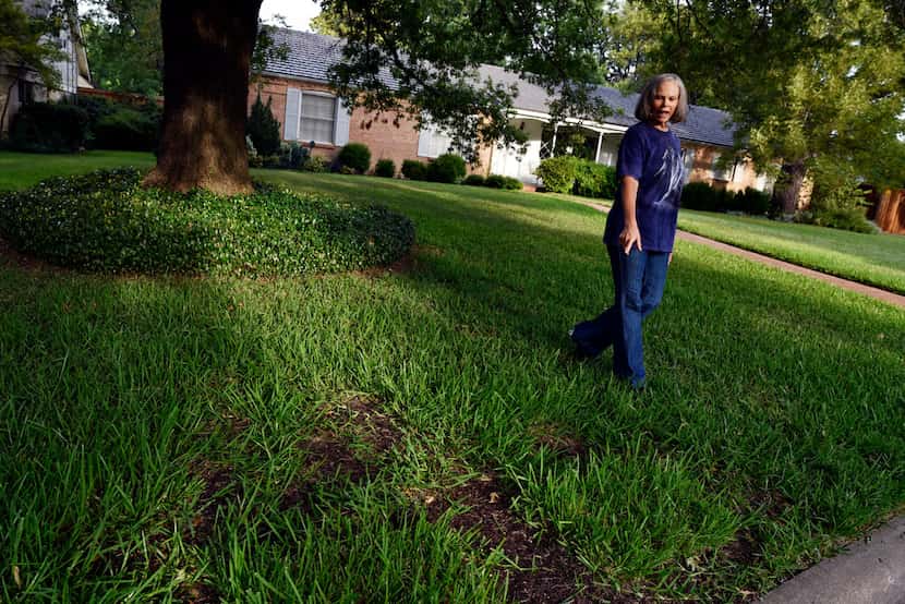 Mary Jane Mackenna, 68, points to a patch of grass where Atmos Energy dug into her front...