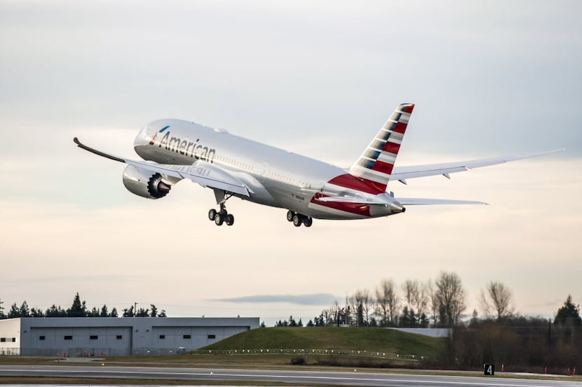 An American Airlines Boeing 787-8 takes off on a test flight in Seattle.