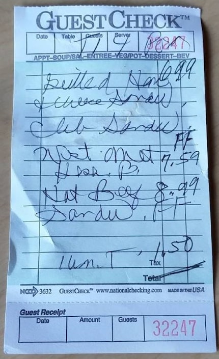 The Christlieb family's lunch check as filled out by their waitress, Helen.