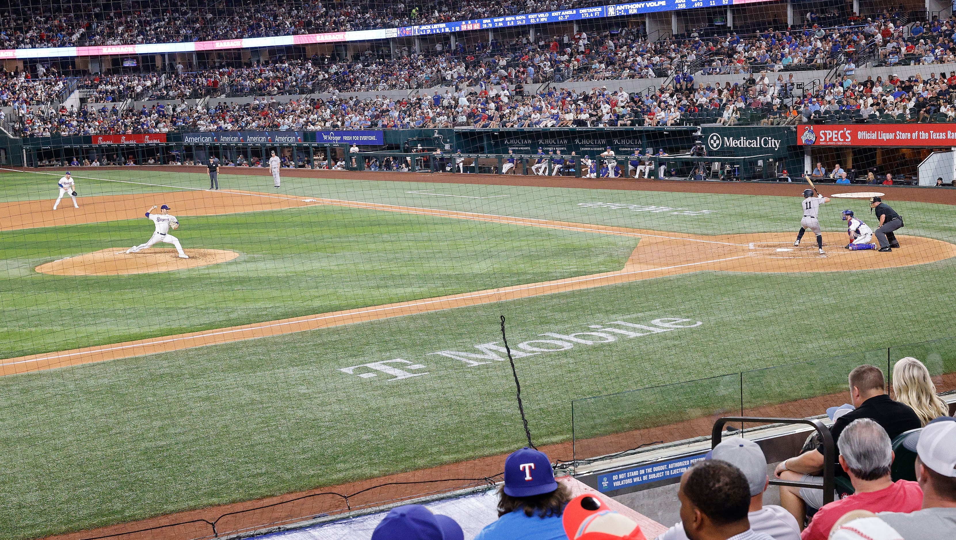 Texas Rangers pitcher Jack Leiter (35) delivers to his former high school teammate New York...