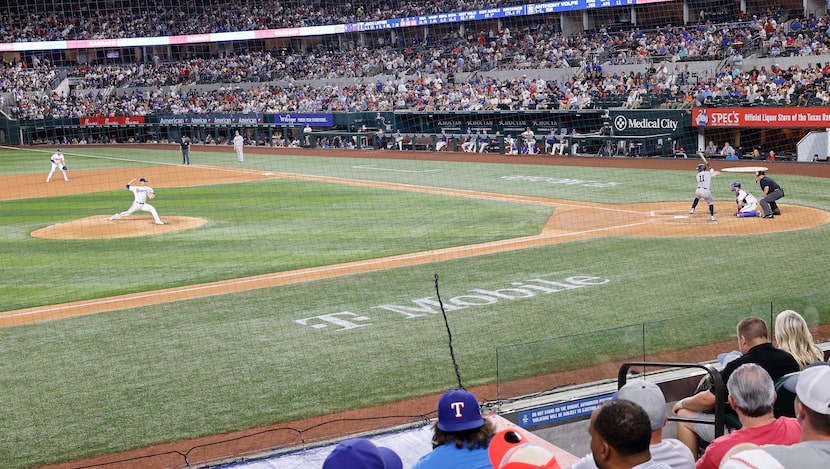 Texas Rangers pitcher Jack Leiter (35) delivers to his former high school teammate New York...