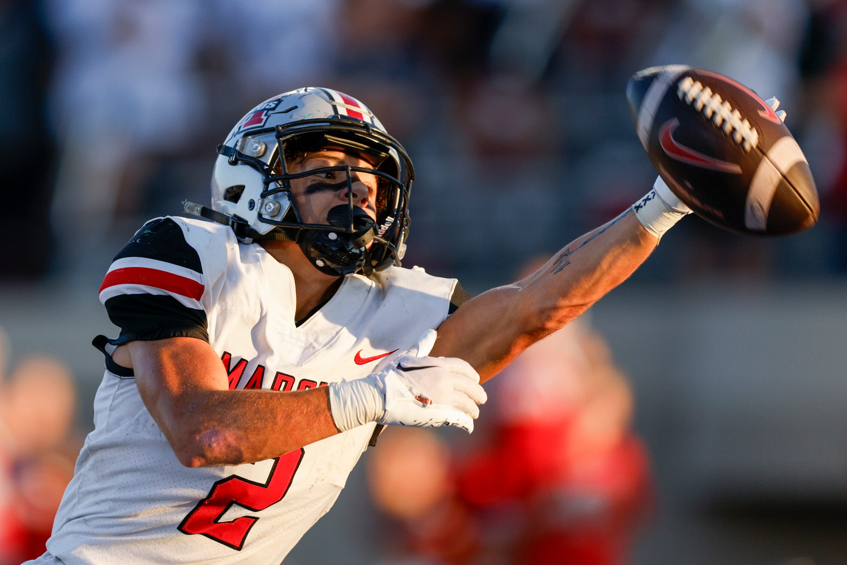 Flower Mound Marcus Karic Grennan (2) fails to haul in a catch in the end zone during the...