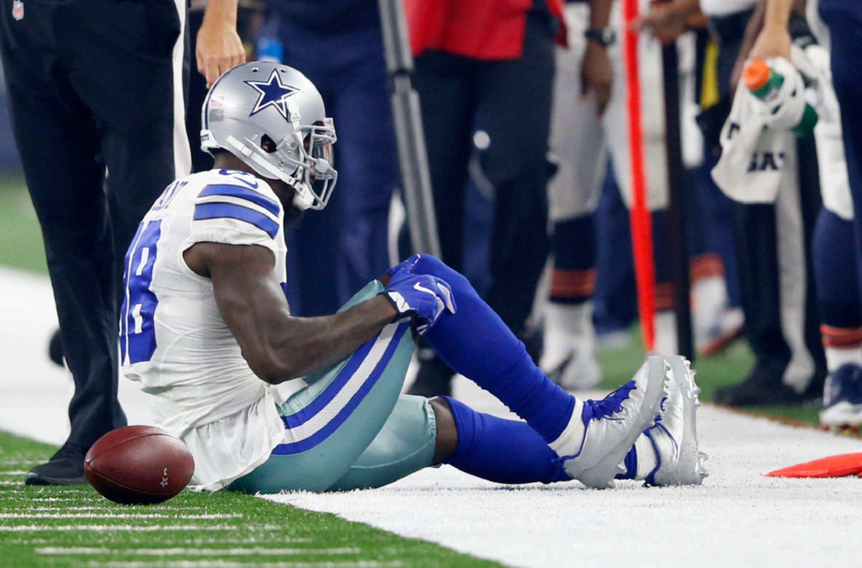 Injured Dallas Cowboys wide receiver Dez Bryant roams the sidelines during  an NFL football game against the San Francisco 49ers Sunday, Oct. 2, 2016,  in Santa Clara, CA. The Cowboys won 24-17. (