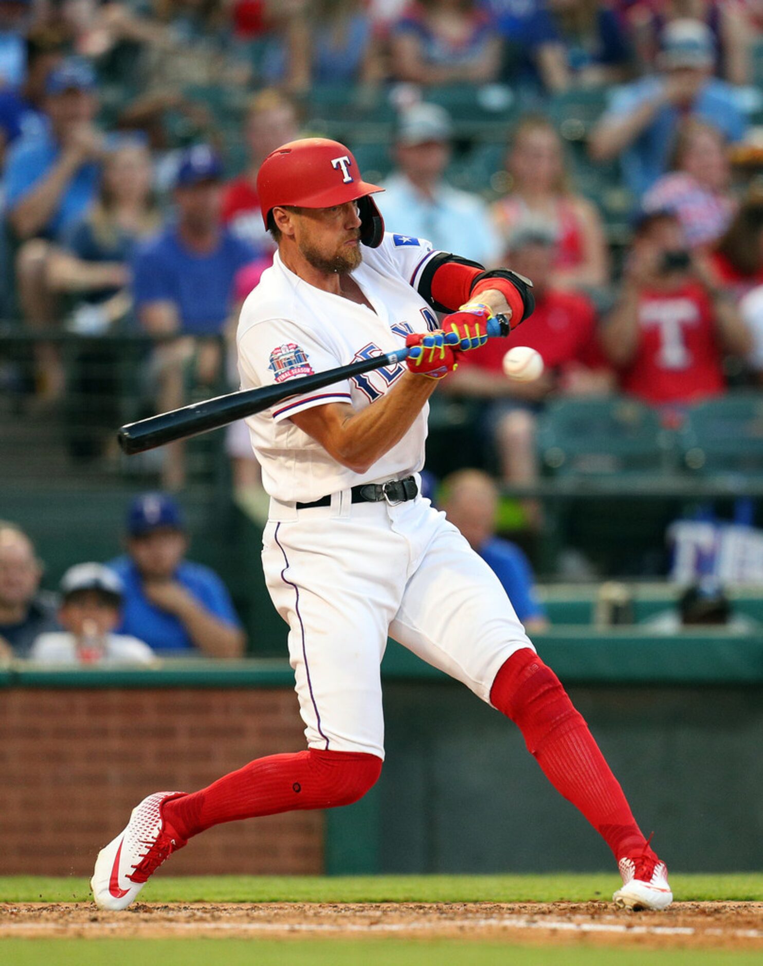 ARLINGTON, TEXAS - MAY 31: Hunter Pence #24 of the Texas Rangers gets ready to connect for a...