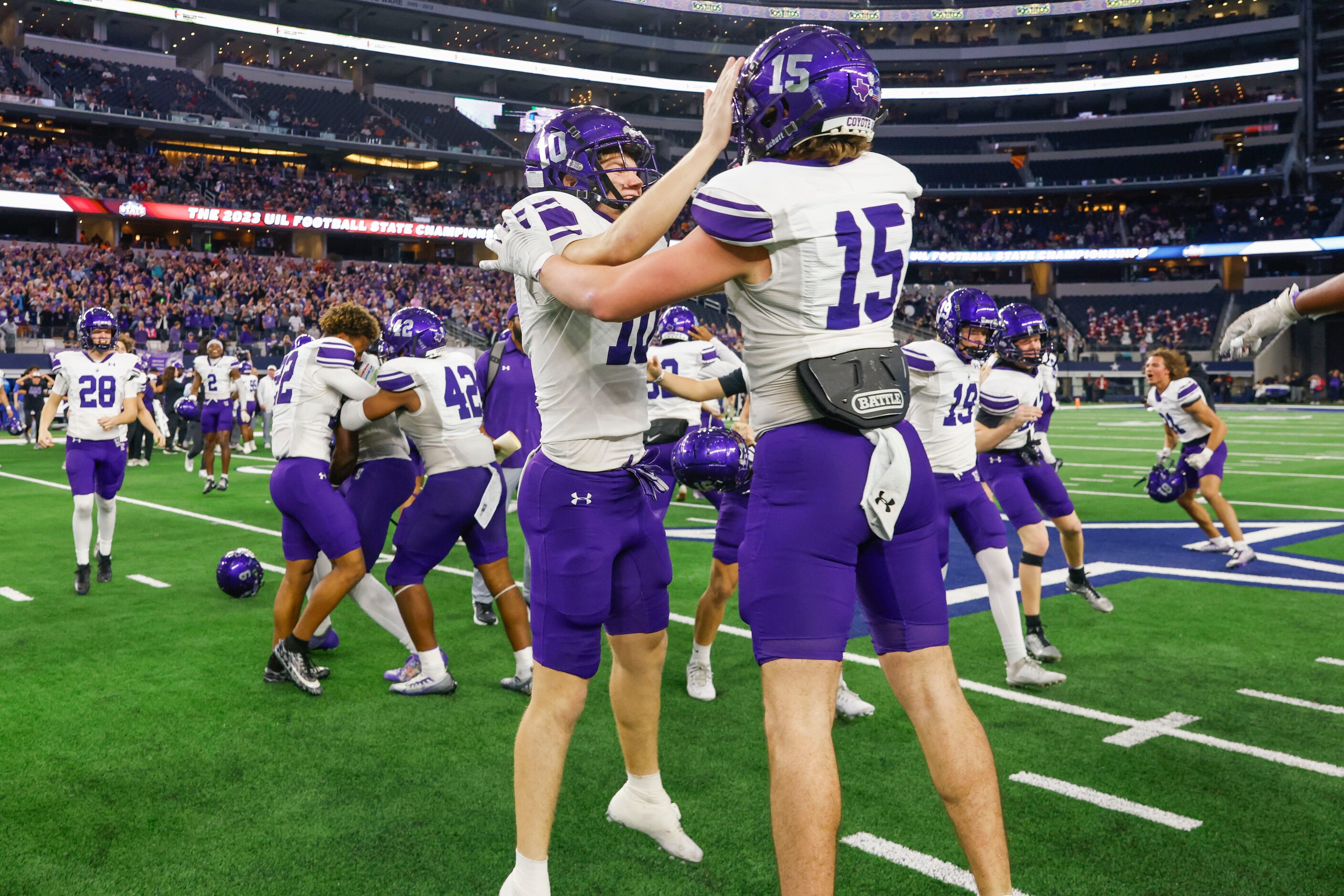 Anna High’s players including Aiden Palmer (1) and Jamison Adams (15) celebrate their...