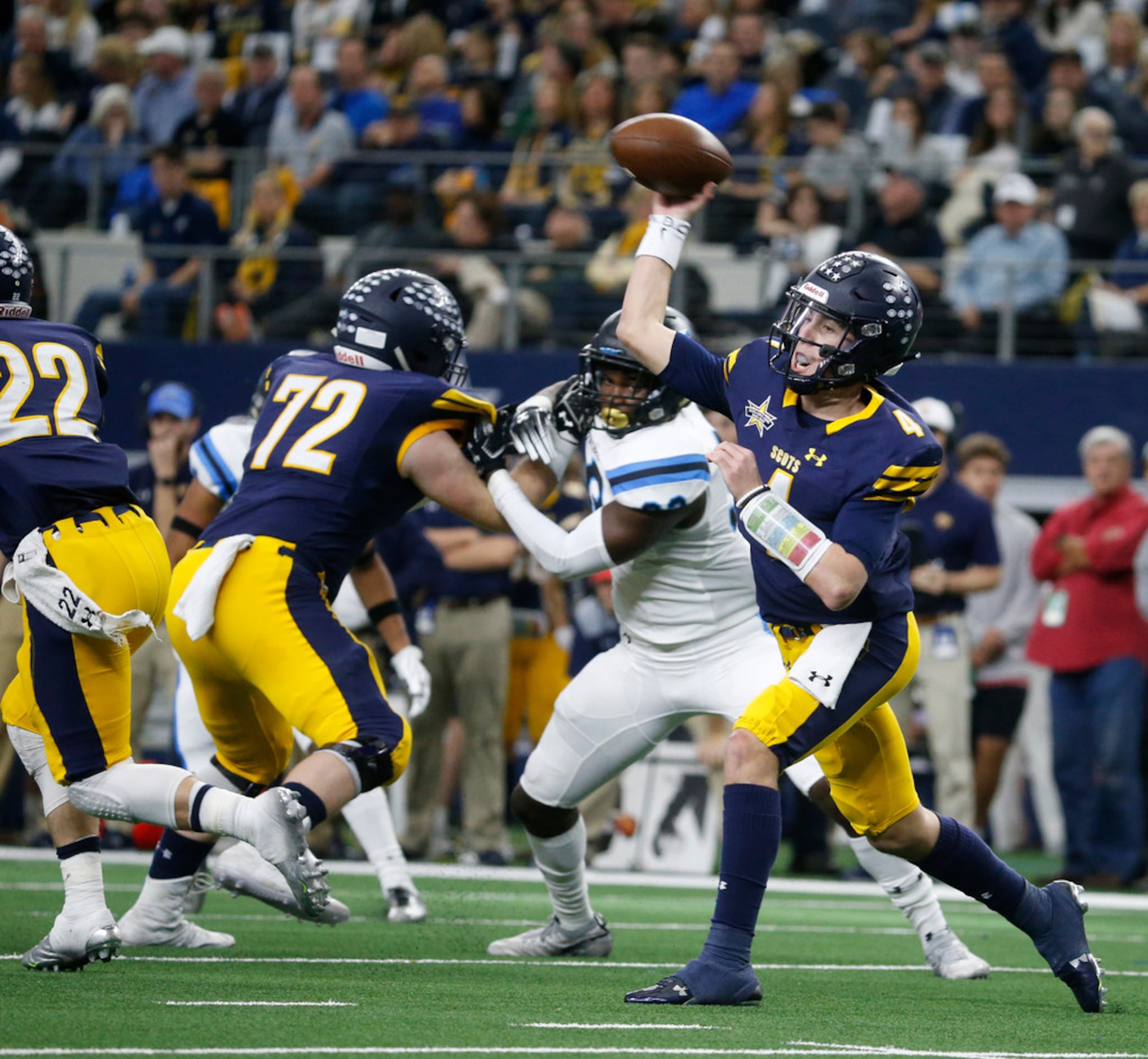 Highland Park's quarterback Chandler Morris passes the ball against Shadow Creek during the...