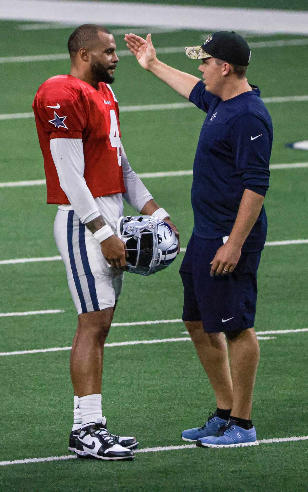 Dallas Cowboys quarterback Dak Prescott (4) on the field after the Dallas Cowboys practice,...