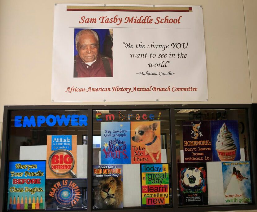 A photograph  of the late Sam Tasby is displayed in the hallway of Sam Tasby Middle School.