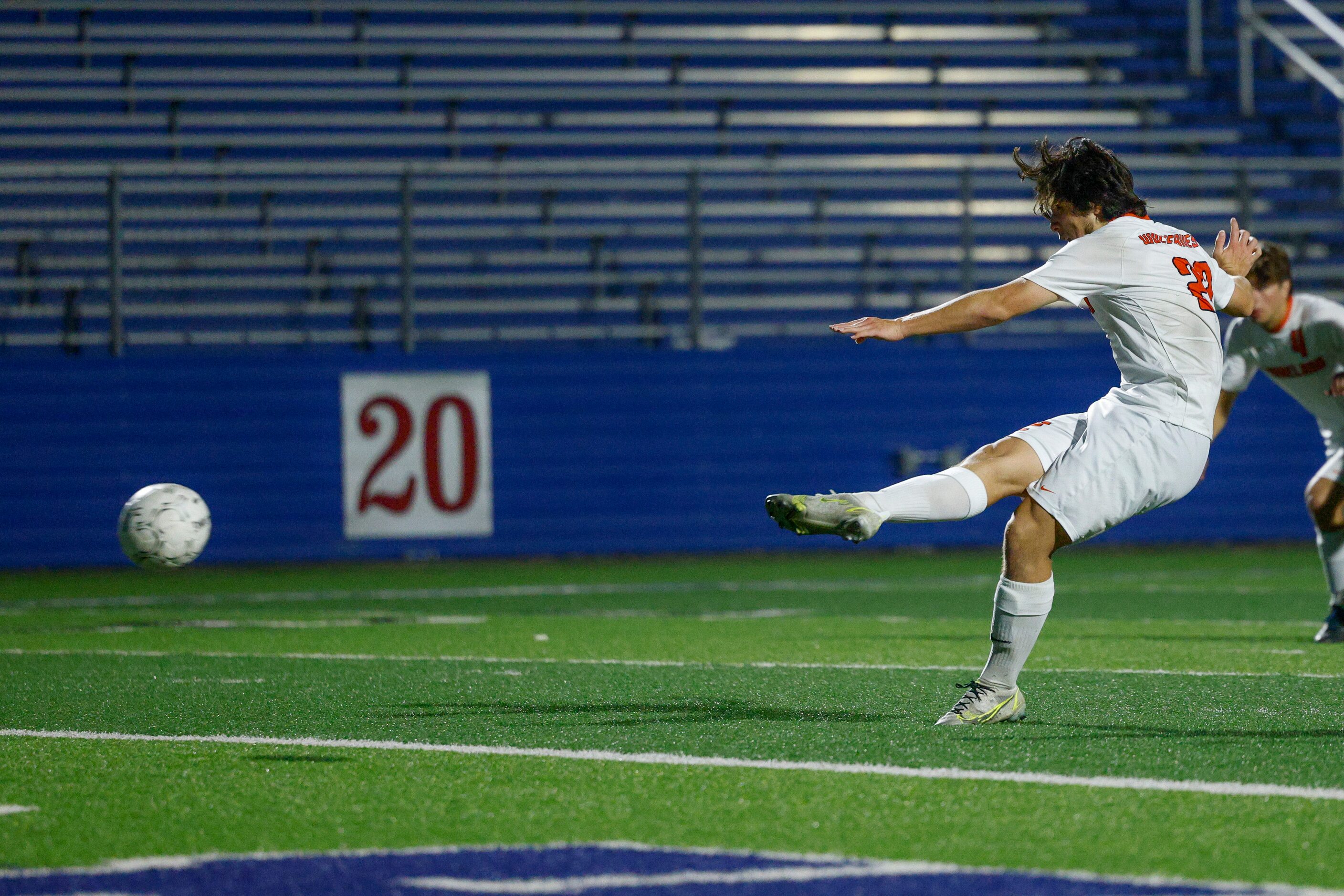 Frisco Wakeland forward Brennan Bezdek (22) scores on a penalty kick during the second half...