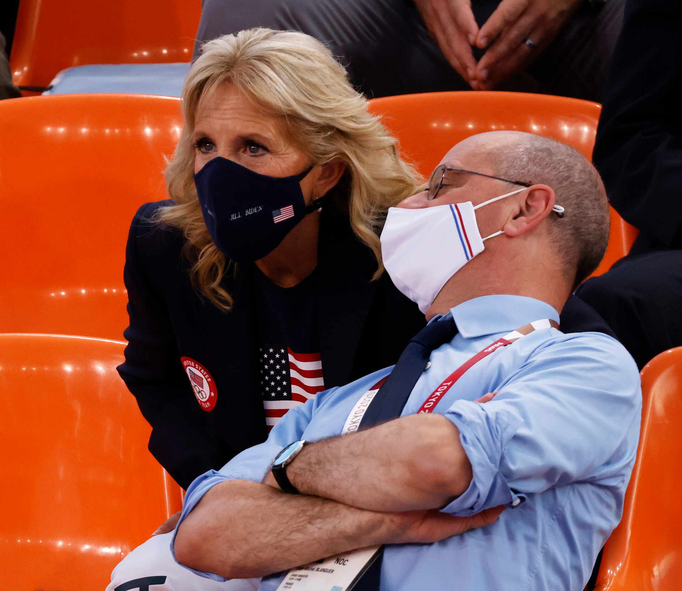 First lady Jill Biden listens to France’s Jean-Michel Blanquer as USA and France women play...