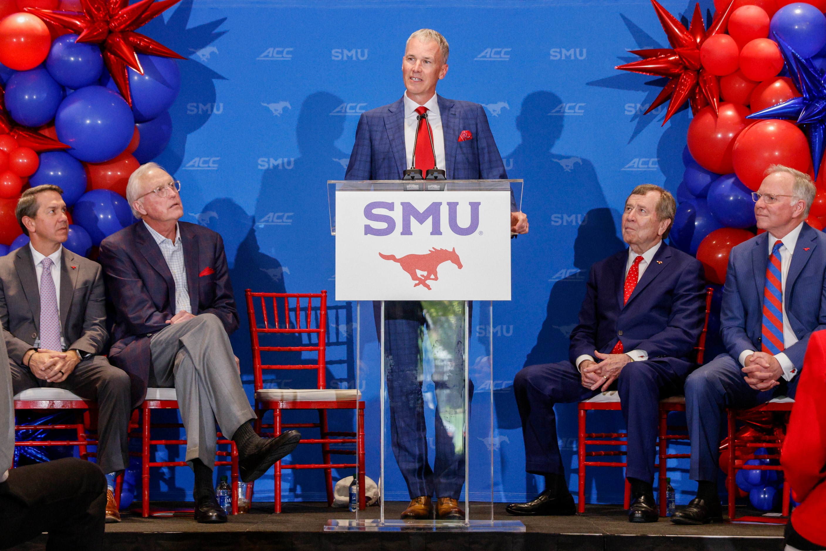 Andy Enfield speaks after being introduced as SMU’s head men's basketball coach during a...