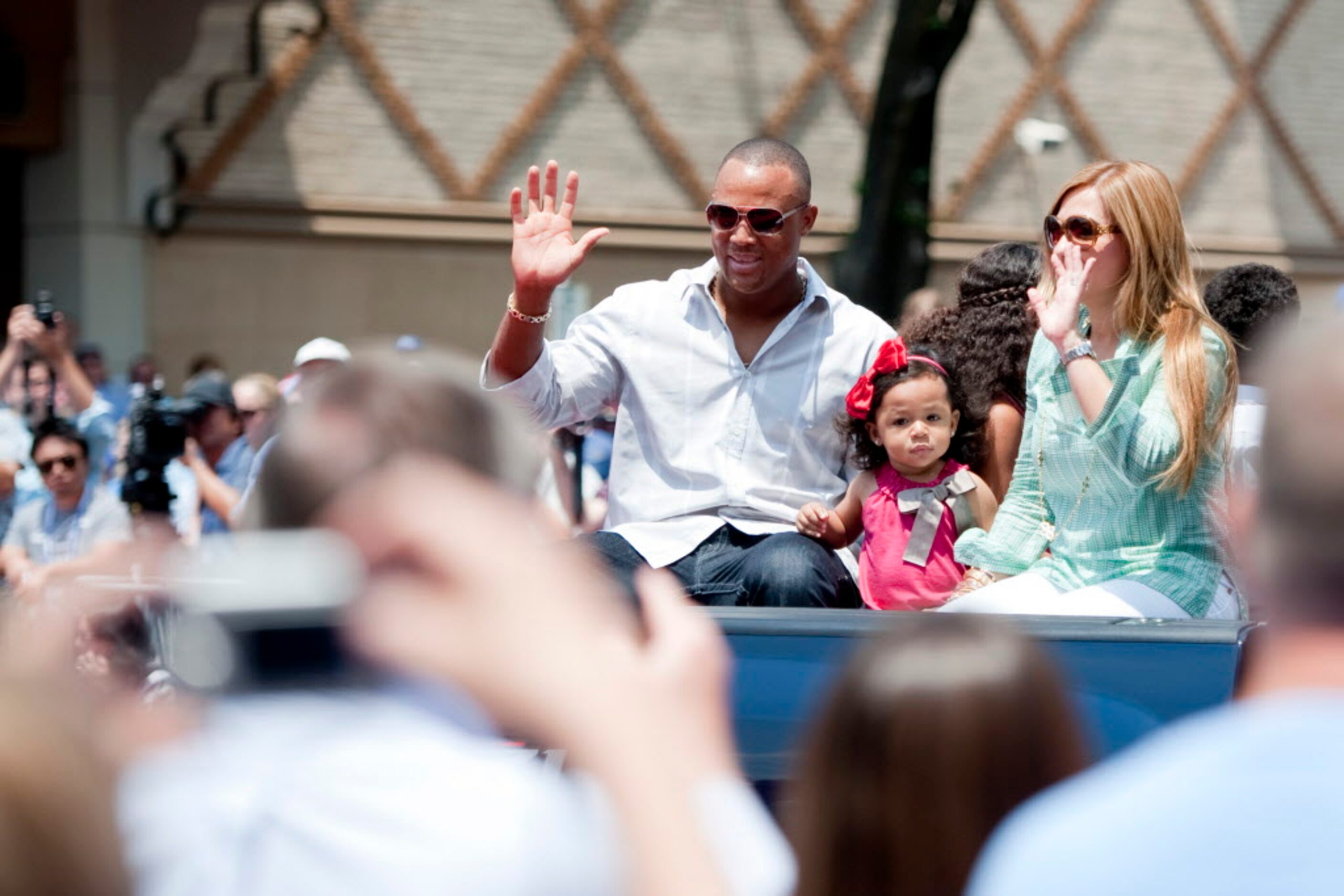 Adrian Beltre of the Texas Rangers rides in the All-Star Red Carpet Parade in the Plaza...