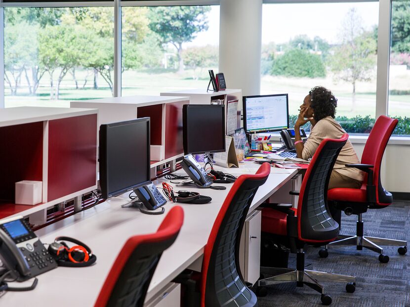 A row of a workstations at the Toyota North America temporary offices in Plano. Employees...