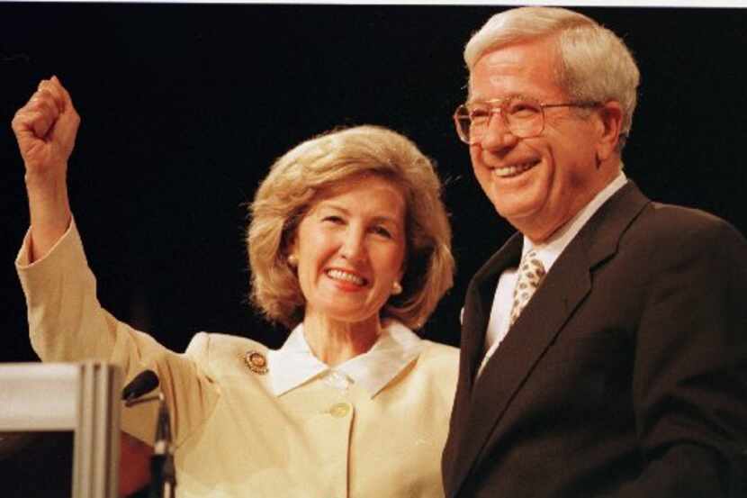 In this June 21, 1996, file photo, Sen. Kay Bailey Hutchison gestures to delegates with her...