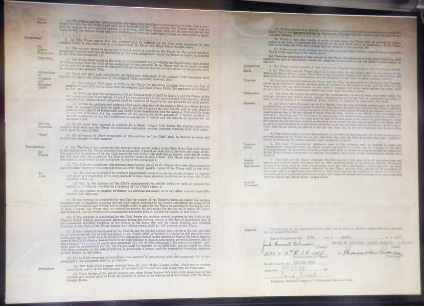  Jackie Robinson's signature is on the historic contract he signed with the Brooklyn...