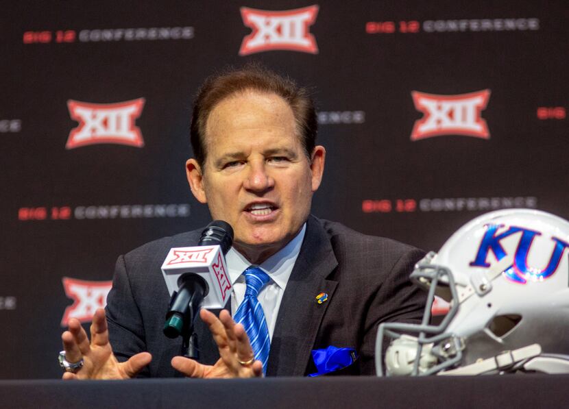 University of Kansas head football coach Les Miles speaks during the Big 12 Conference Media...