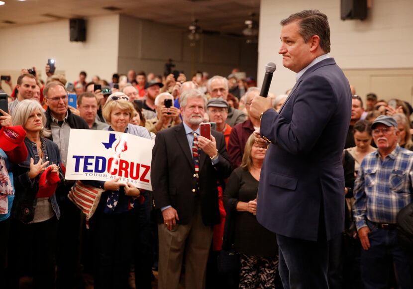 Sen. Ted Cruz speaks to supporters during a campaign rally at Sharon Shrine Center in Tyler...