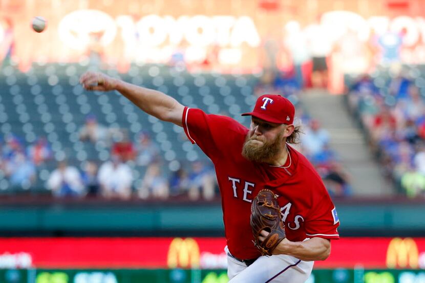 Texas Rangers starting pitcher Andrew Cashner (54) pitches against the Kansas City Royals in...