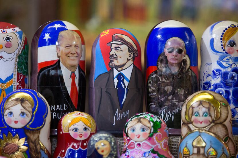 Souvenir matryoshka dolls decorated with Donald Trump, U.S. president, left, Vladimir Lenin,...