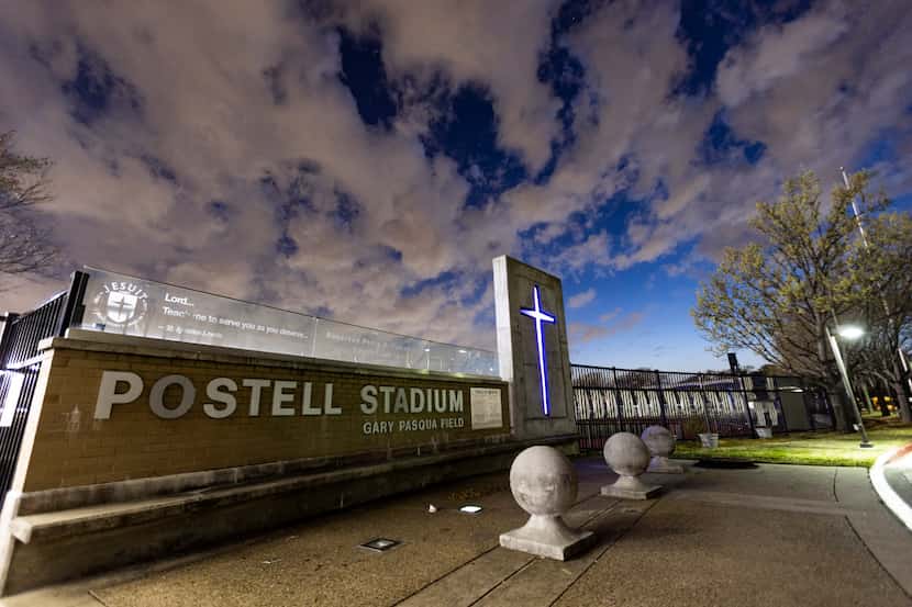 The Postell Stadium sign was still displayed at Jesuit College Preparatory School on March...