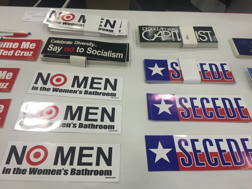  Transgender bathroom and secession-themed stickers were at many booths.