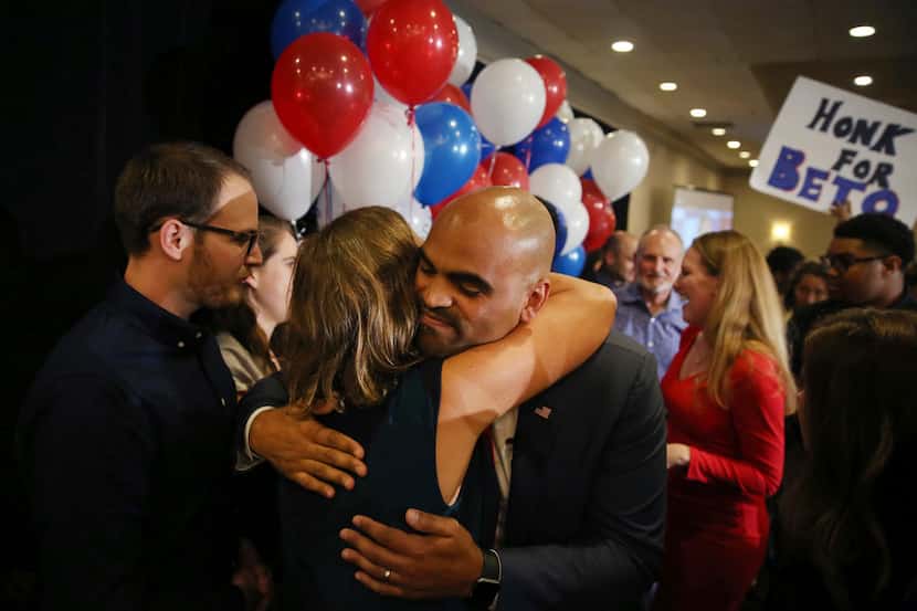 Colin Allred greets a supporter after speaking during an election night party after he was...