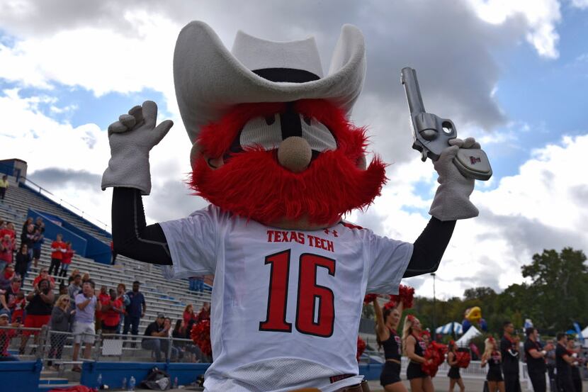 LAWRENCE, KS - OCTOBER 7: The Texas Tech Red Raiders mascot entertains during a game against...