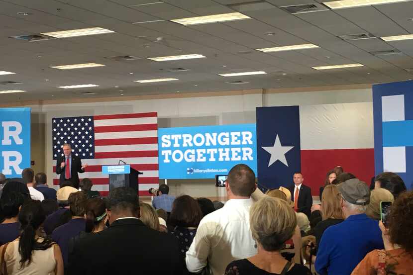 Tim Kaine addresses a crowd Friday at Hillary Clinton's Houston campaign headquarters.