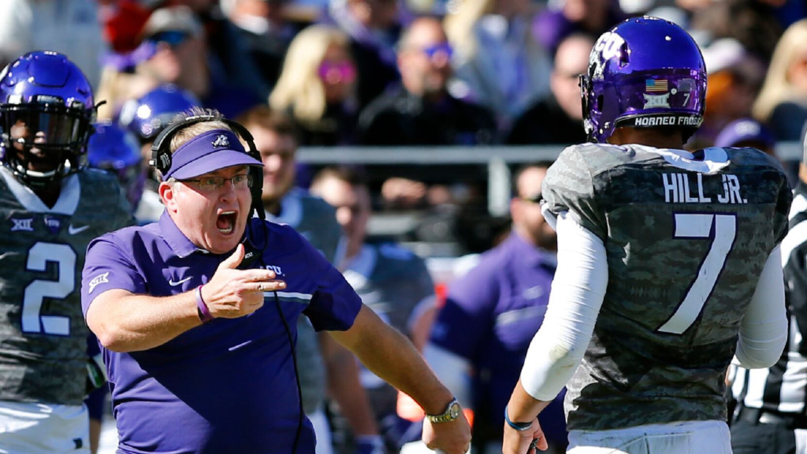 TCU Horned Frogs head coach Gary Patterson yells at quarterback Kenny Hill (7) after he...