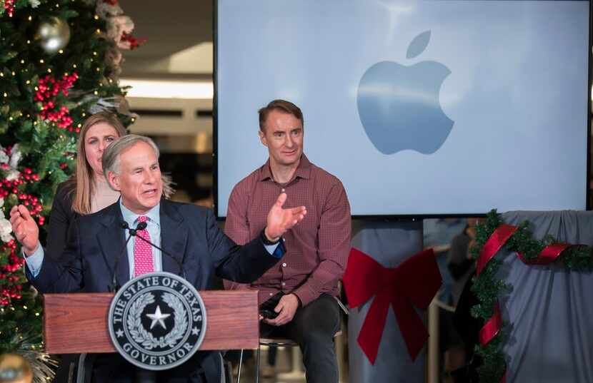 Texas Gov. Greg Abbott speaks about Apple's new campus announcement in Austin, Texas,...