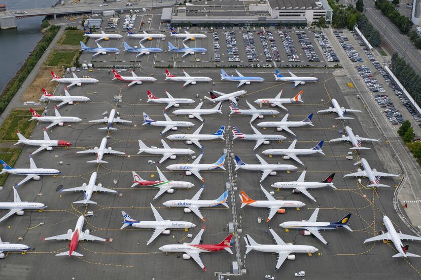 SEATTLE, WA - JUNE 27: Boeing 737 MAX airplanes are stored on employee parking lots near...
