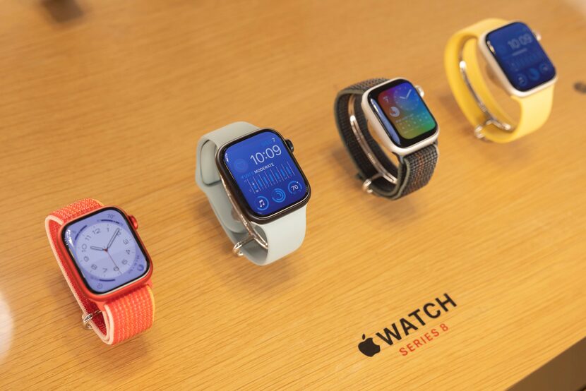 Apple Watch Series 8 models are displayed at the Apple Fifth Avenue store in New York.