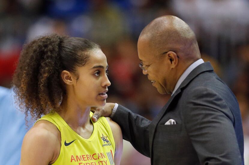 Dallas Wings head coach Fred Williams coaches guard Skylar Diggins-Smith (4) during the...