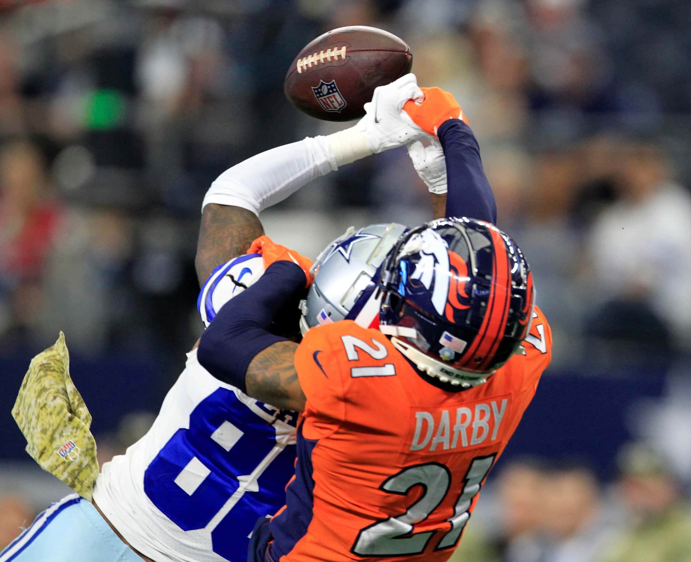 Dallas Cowboys wide receiver CeeDee Lamb (88) can’t hold onto a pass, as Denver Broncos...