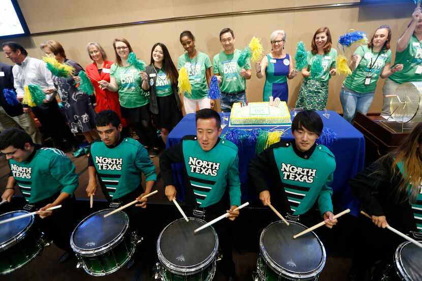 The UNT drumline plays during the kickoff for the 10th annual North Texas Giving Day at...