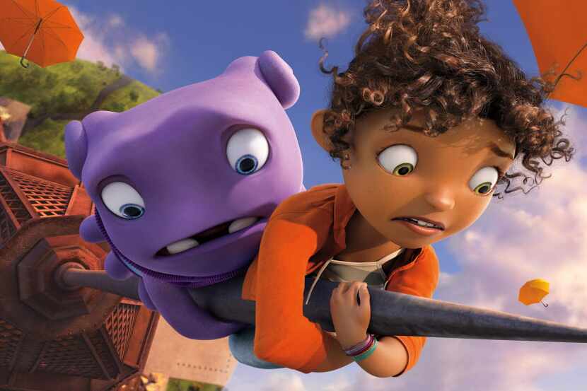 In this image released by DreamWorks Animation, characters Oh, voiced by Jim Parsons, left,...