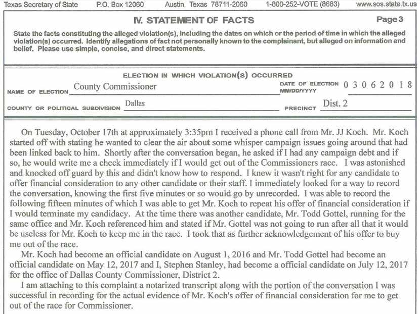 Stephen Stanley's official complaint that he filed with the Texas secretary of state's...