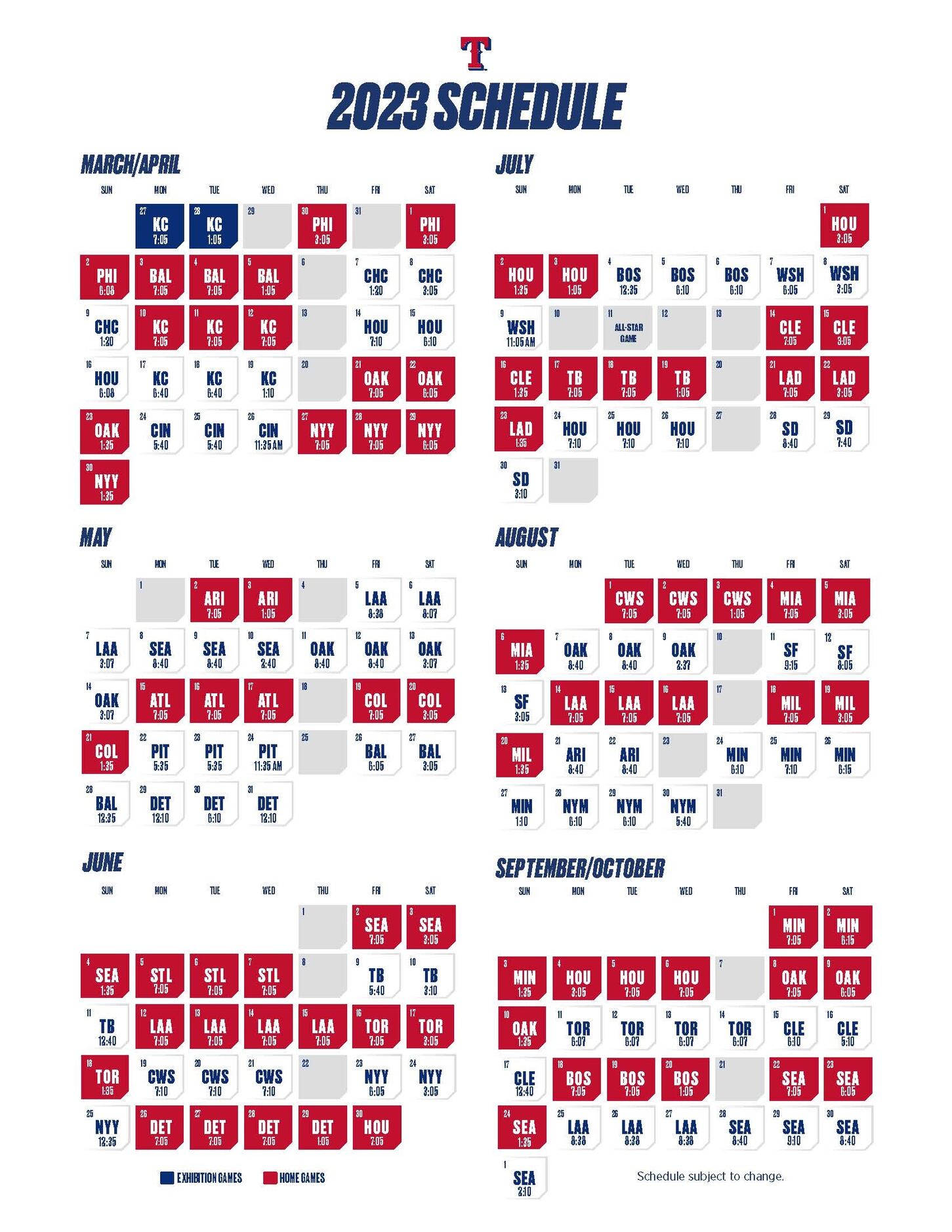 One (1) Official Texas Rangers 2023 Opening Day Magnetic Schedule. SGA  3/30/2023