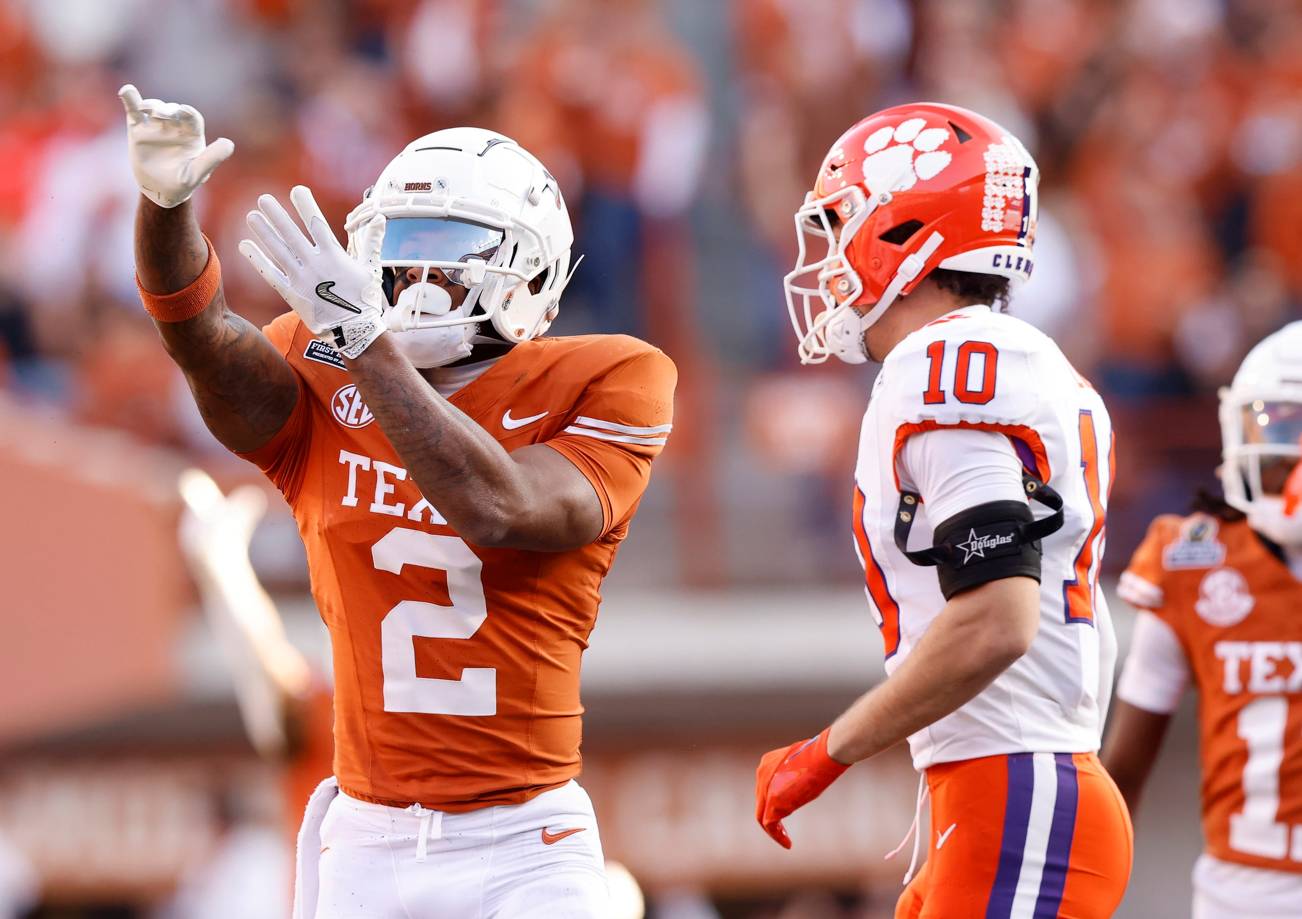 Texas Longhorns wide receiver Matthew Golden (2) reacts after hauling in a long pass...