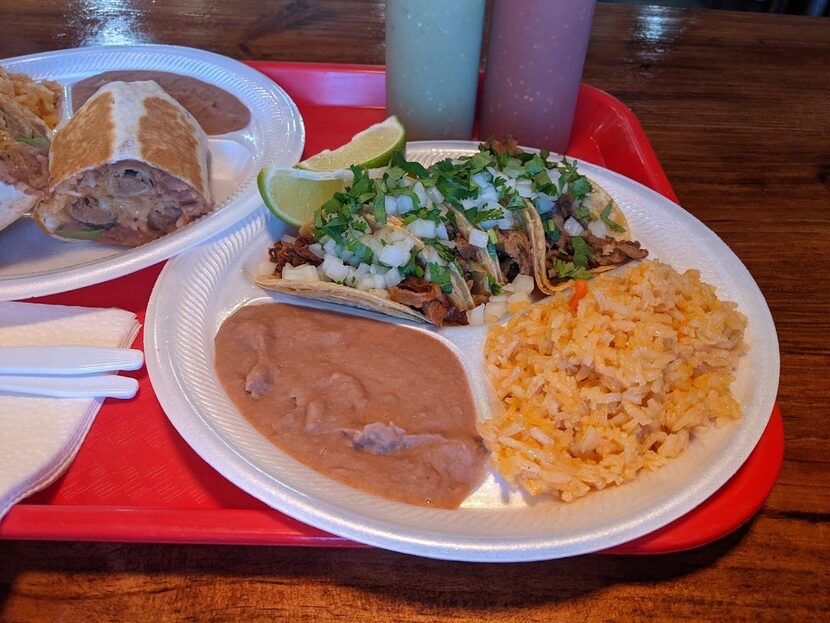 A tray of vegan tacos at El Palote Panadería (and, in the background, half of the flaurrito).