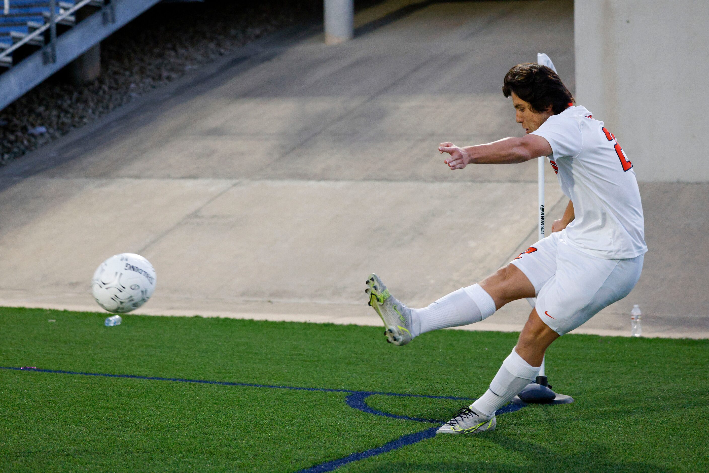 Frisco Wakeland forward Brennan Bezdek (22) takes a corner kick during the first half of a...