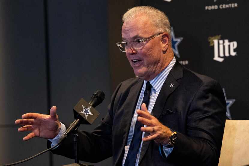(From left) Dallas Cowboys CEO Stephen Jones speaks at a press conference following the...