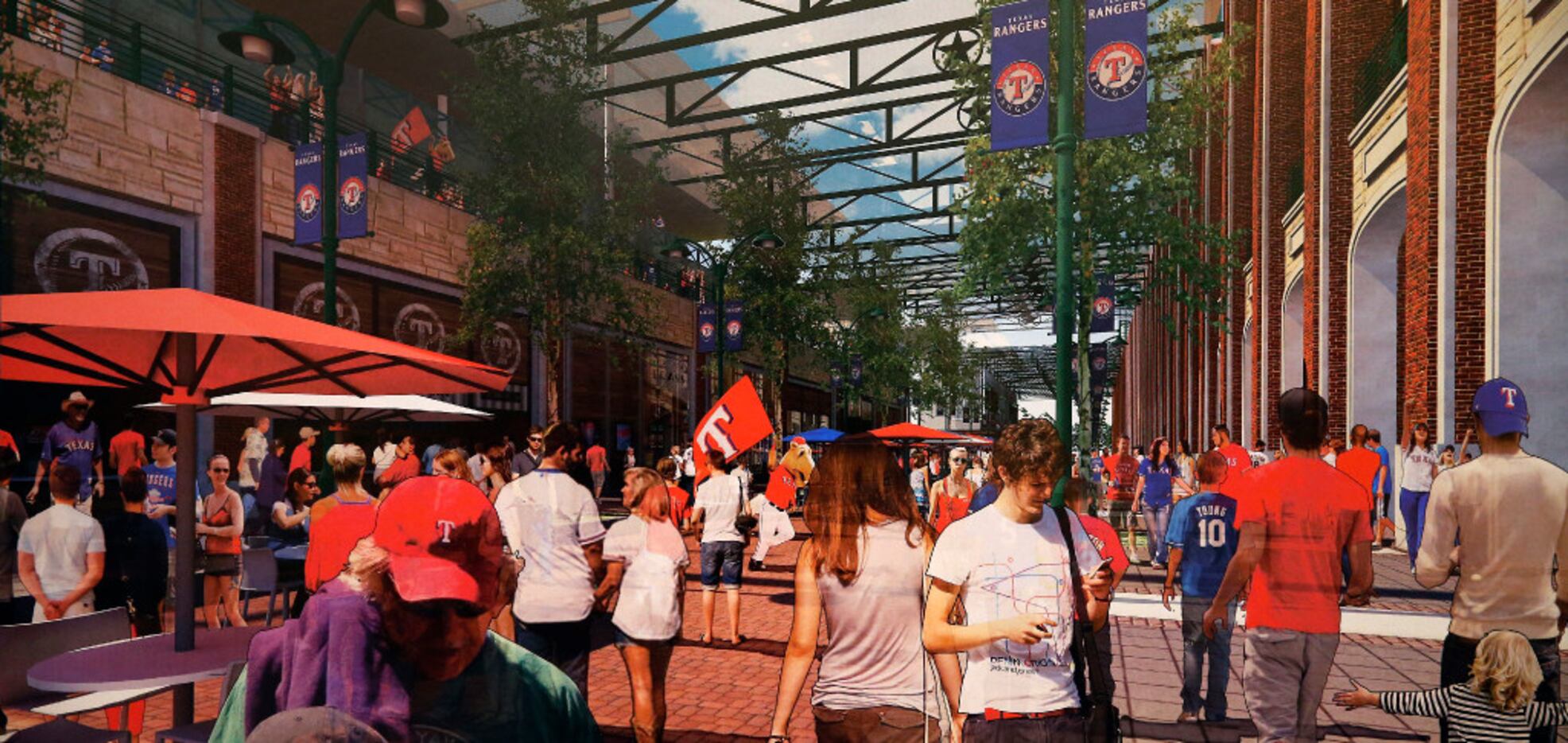 An artist rendering of the new Texas Rangers ballpark shows pedestrian areas. The team...