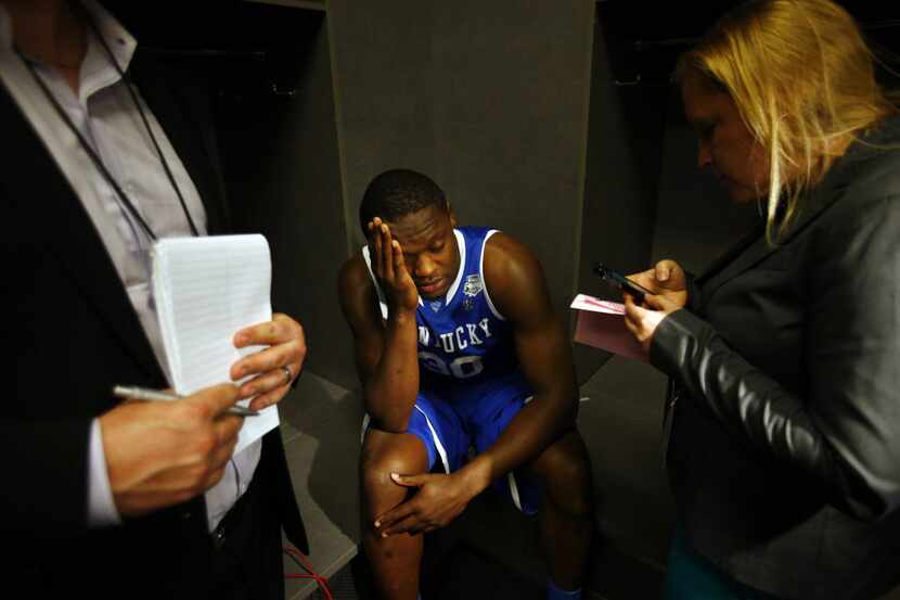 Kentucky Wildcats forward Julius Randle (30) is interviewed following a 60-54 loss to the...