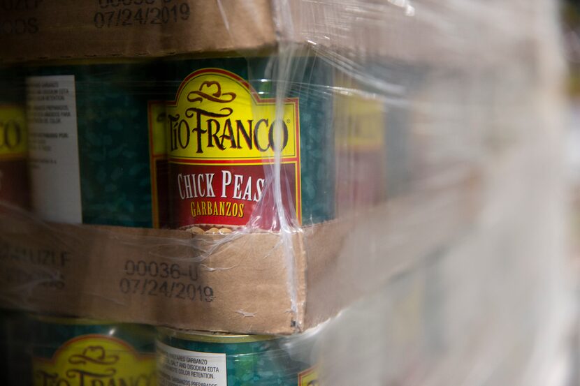 A pallet of chick peas, or garbanzo beans, supplied by the USDA at the North Texas Food Bank...