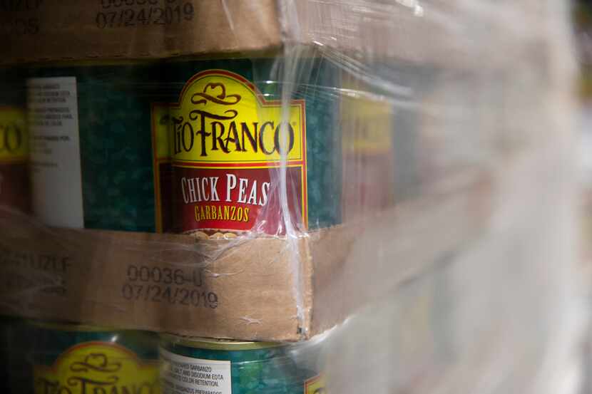 A pallet of chick peas, or garbanzo beans, supplied by the USDA at the North Texas Food Bank...